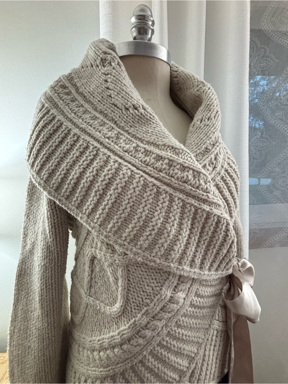 Apt. 9 Cream Knit Wrap Cardigan with Satin Side Tie, L, VGUC - Picture 2 of 9